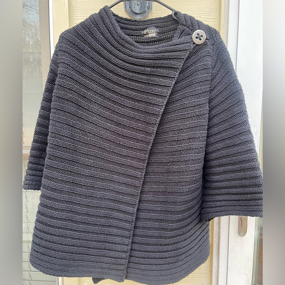 Pure Handknit Summer Crush Black Ribbed Wrap Sweater Women's Size M/L